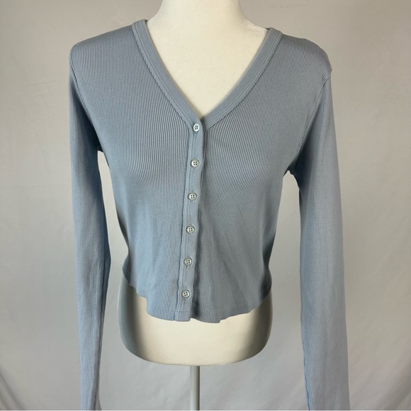 Brandy Melville Tops - Brandy Melville Paige Blue Ribbed Crop Cardigan